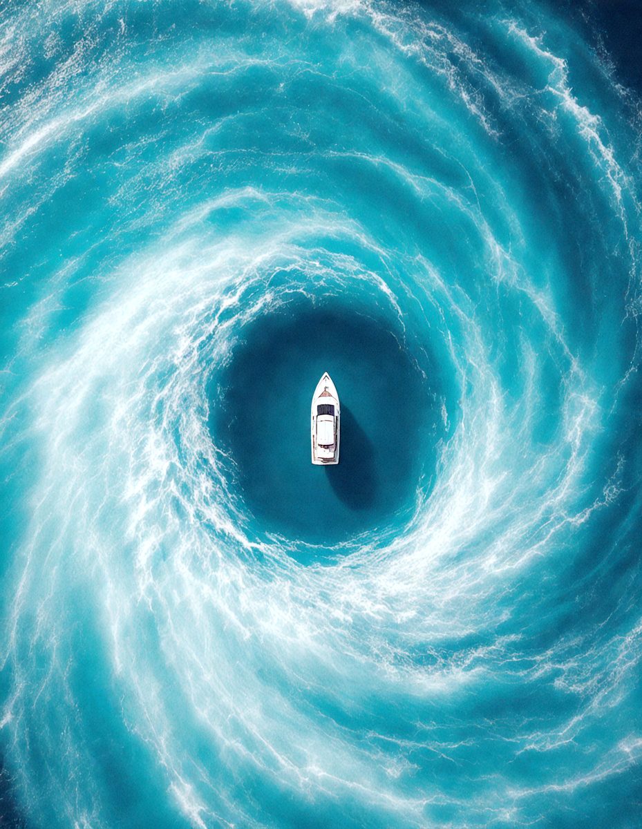 The primary subject of the image is a boat, which is floating in a large body of water. The boat is surrounded by a swirling, blue-green water, creating a dynamic and visually striking scene. The setting appears to be a natural environment, with the boat being the main focus of the image. The visual style of the image is a combination of photo and digital art, creating a unique and captivating representation of the boat in the water. The colors and mood of the image are predominantly blue and green, with a sense of motion and energy conveyed through the swirling water.